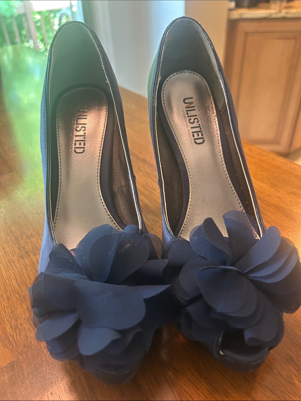 UNLISTED Navy Peep-Toe Heels with Floral Toe Accent